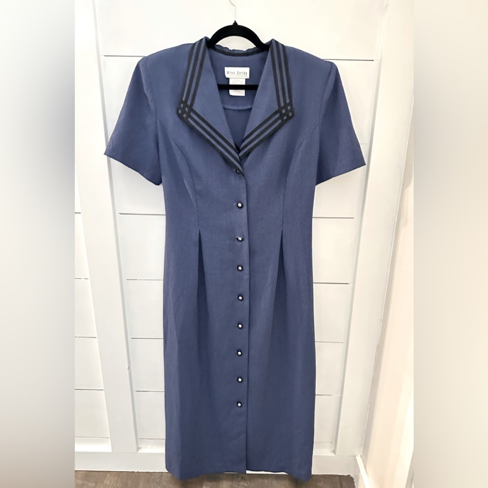 VINTAGE Y2K Blue button front midi traditional woman rayon blend dress classic